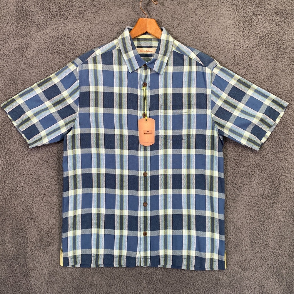 Tommy Bahama Dazed and Diffused Blue Plaid Silk Camp Shirt Mens Small T34895 NWT